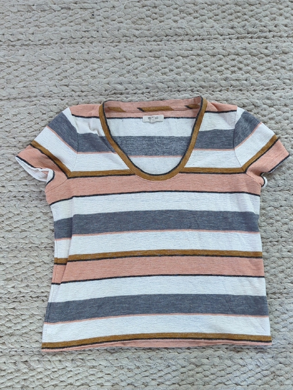 Madewell Striped Short Sleeve Tee in Peach, Gray & White with Mustard Trim